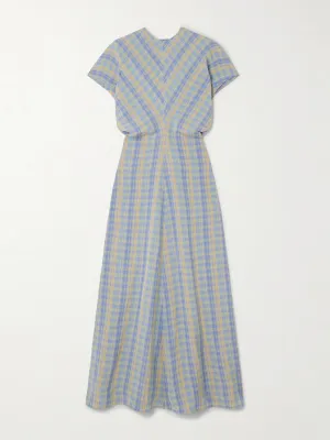 Gathered checked linen-blend maxi dress