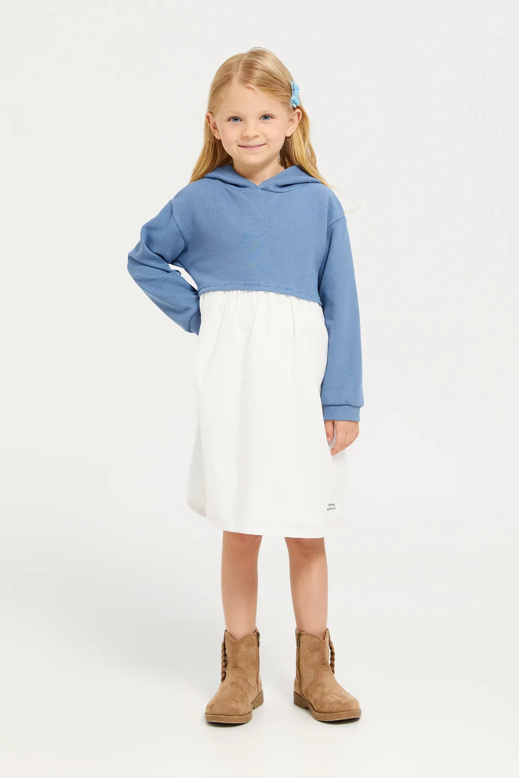 GIrls Blue And White Hooded Dress