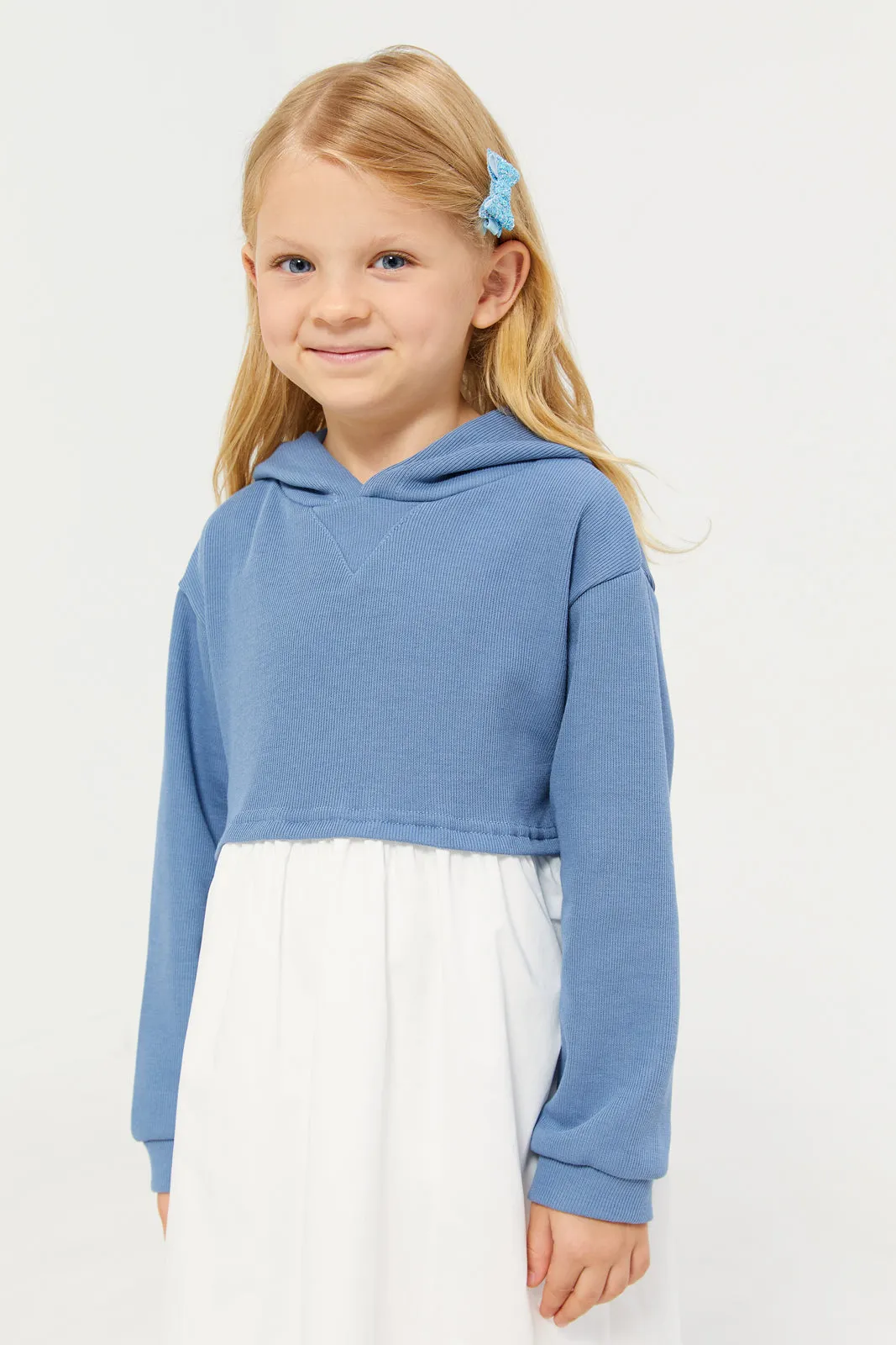 GIrls Blue And White Hooded Dress