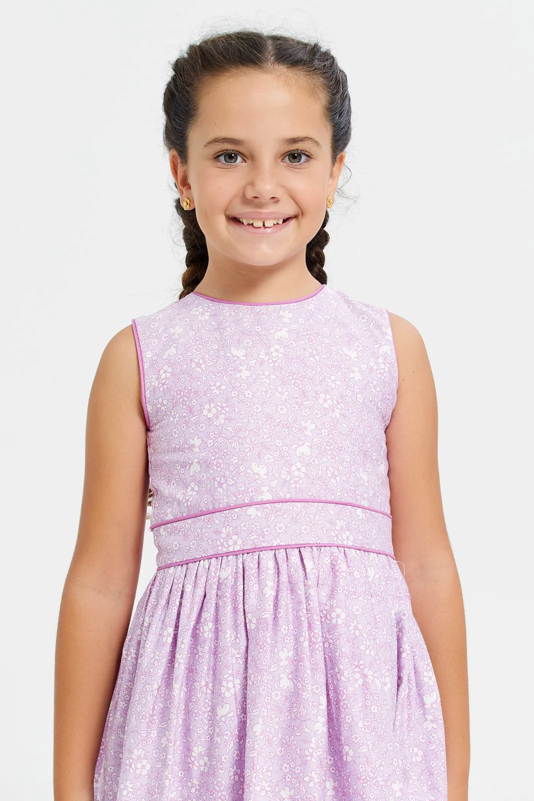 Girls Lilac Printed Satin Dress