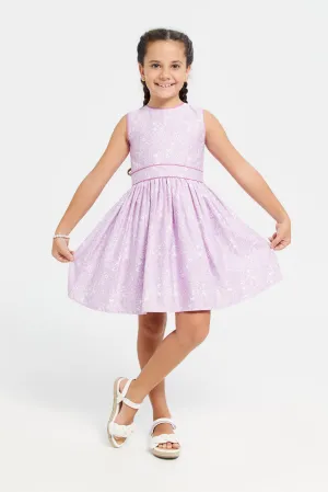 Girls Lilac Printed Satin Dress