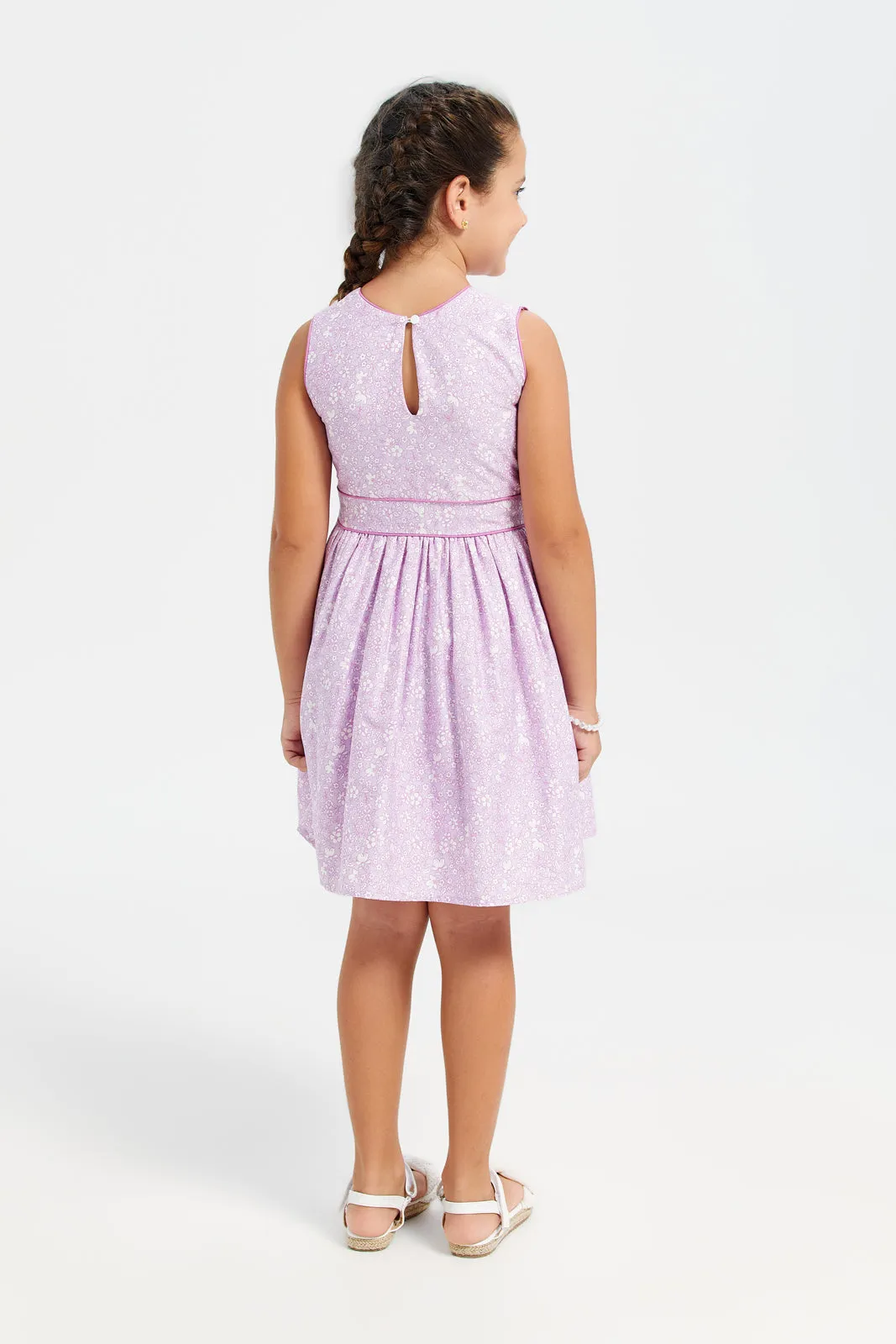 Girls Lilac Printed Satin Dress