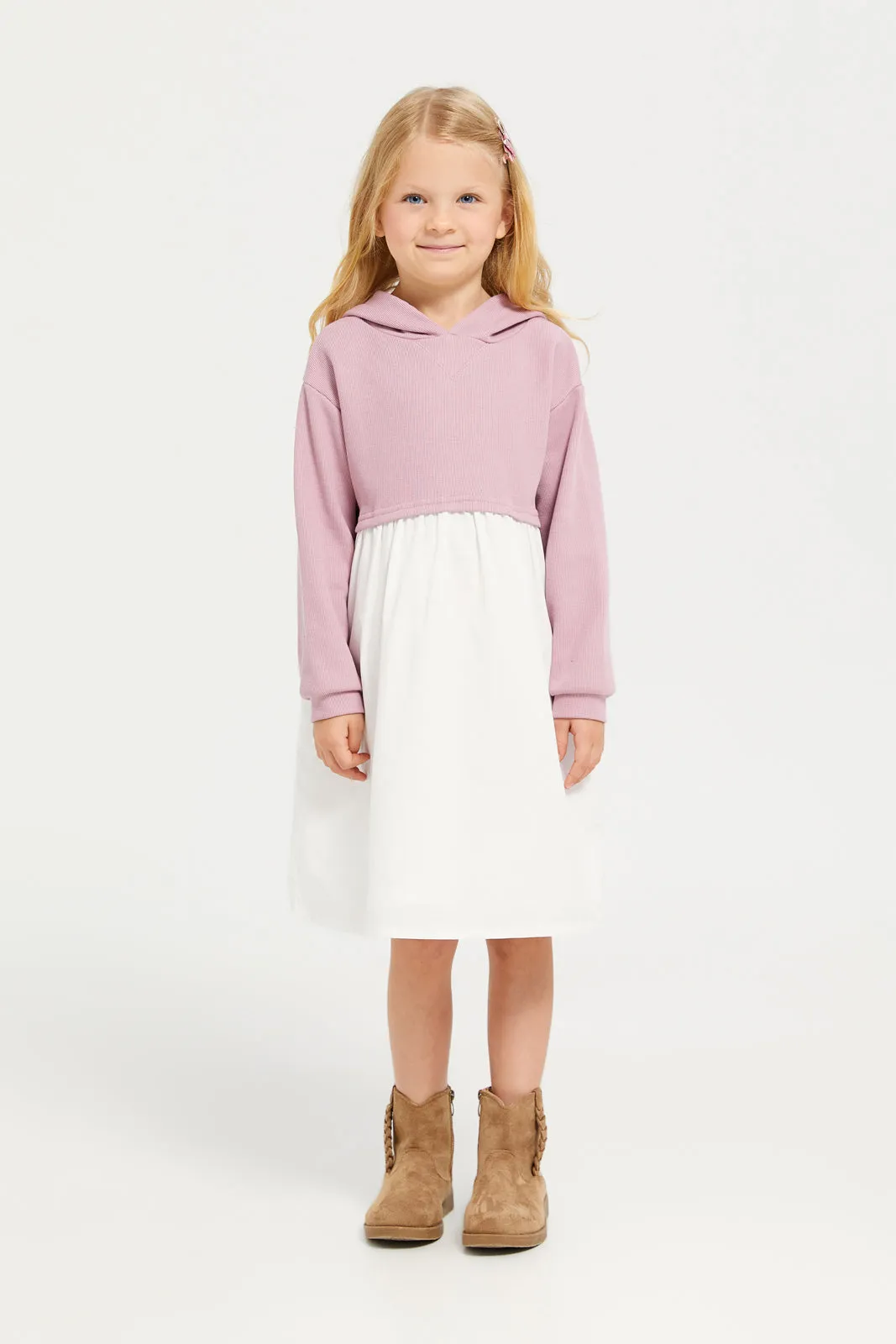 Girls Mauve And White Hooded Dress