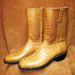 Handcrafted Cowboy Crocodile Print Yellow Leather Western Ankle Handmade Boots