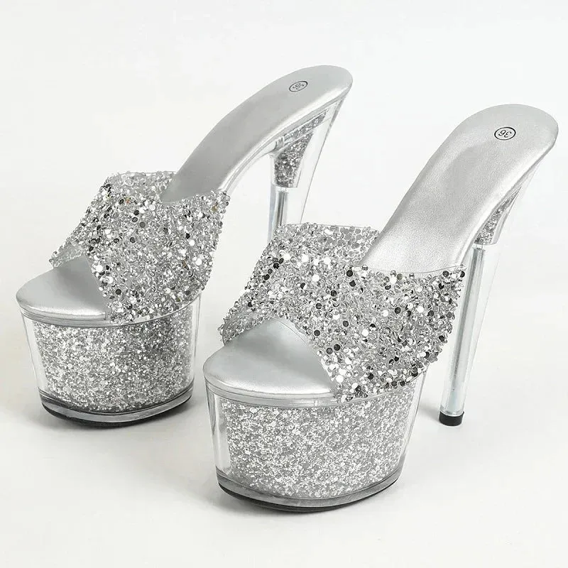 Hnzxzm Luxury Rhinestones Design Sandals Women Shiny Sequin PVC Clear Slippers Stiletto High Heels Party Shoes Sexy Pole Dance Sandals