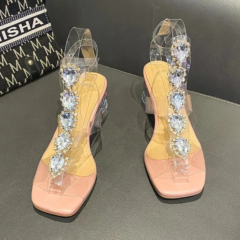 Hnzxzm Plastic Sandal Block Heels Summer Sale Of Women's Shoes Suit Female Beige Buckle Strap All-Match Transparent Chunky Fashion