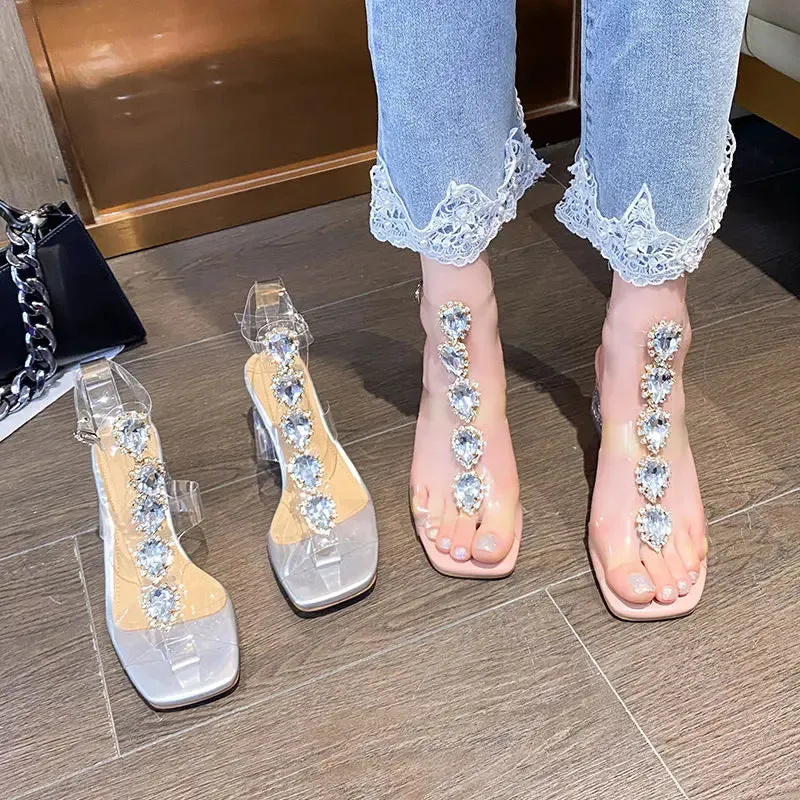 Hnzxzm Plastic Sandal Block Heels Summer Sale Of Women's Shoes Suit Female Beige Buckle Strap All-Match Transparent Chunky Fashion