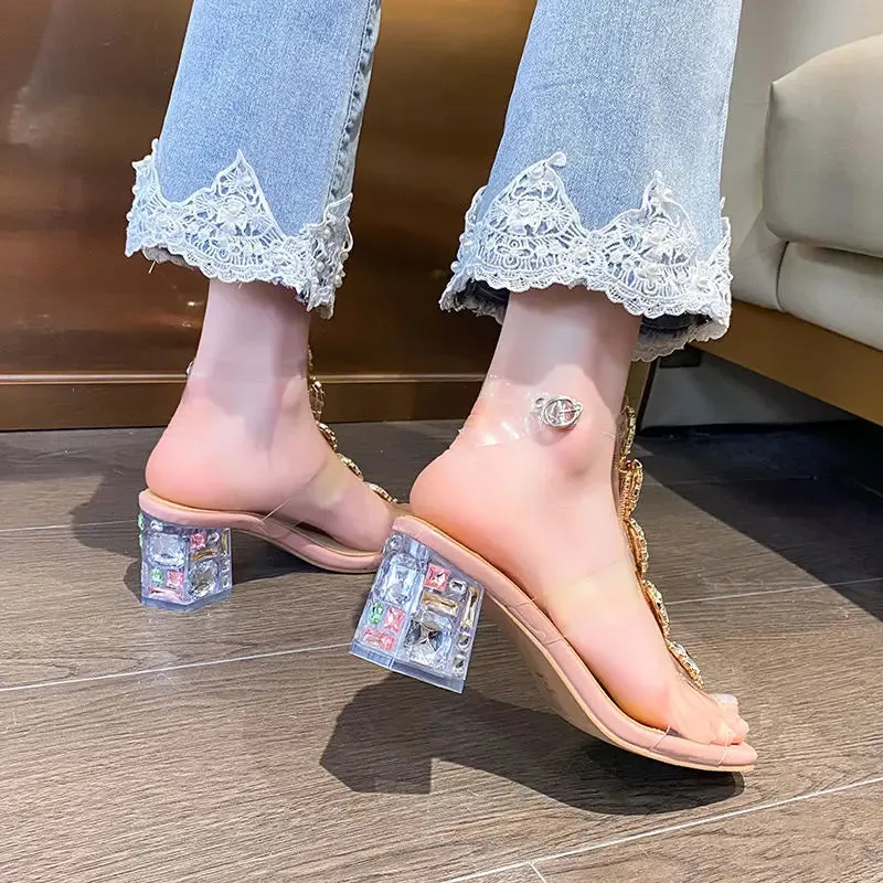 Hnzxzm Plastic Sandal Block Heels Summer Sale Of Women's Shoes Suit Female Beige Buckle Strap All-Match Transparent Chunky Fashion