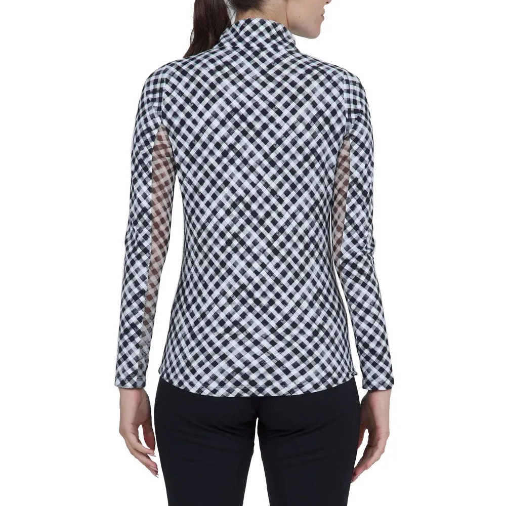 IBKUL Women's Gingham Print Long Sleeve Mock Neck Golf Top - Black/White