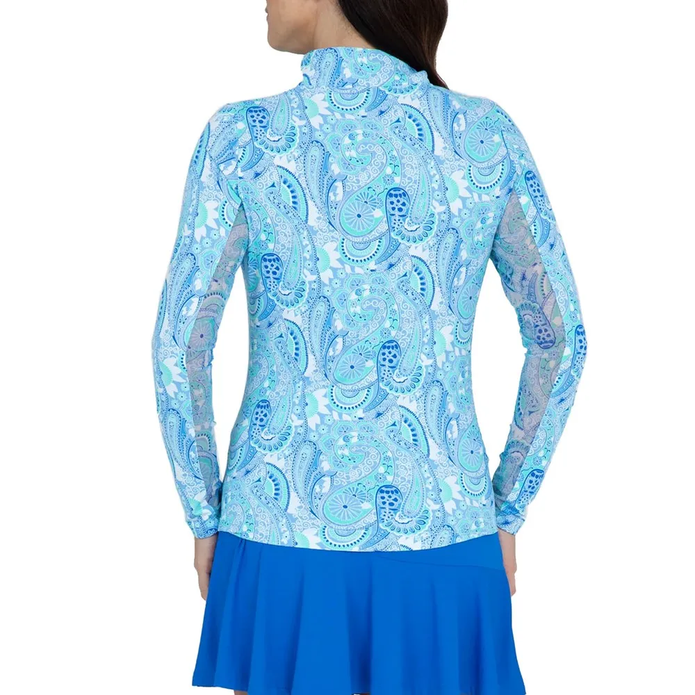 IBKUL Women's Gloria Print Long Sleeve Mock Neck Golf Top - Peri/Jade