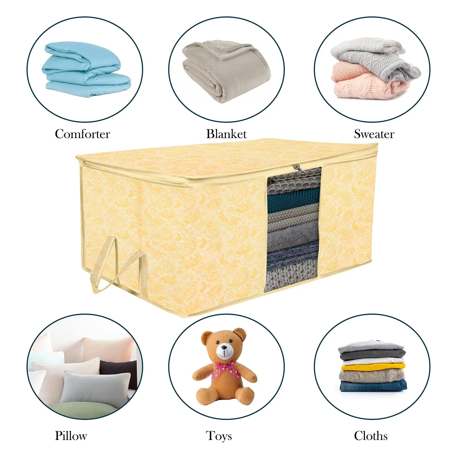 Kuber Industries Underbed Storage Bag | Clothes Storage Organizer | Blanket Cover with Clear Window | Zipper Closure & Handle Cloth Organizer | Carry-Design | Large | Pack of 6 | Yellow