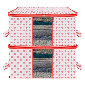 Kuber Industries Underbed Storage Bag | Clothes Storage Organizer | Blanket Cover with Clear Window | Zipper Closure & Handle Cloth Organizer | Dot-Design | Large | Pack of 2 | Red