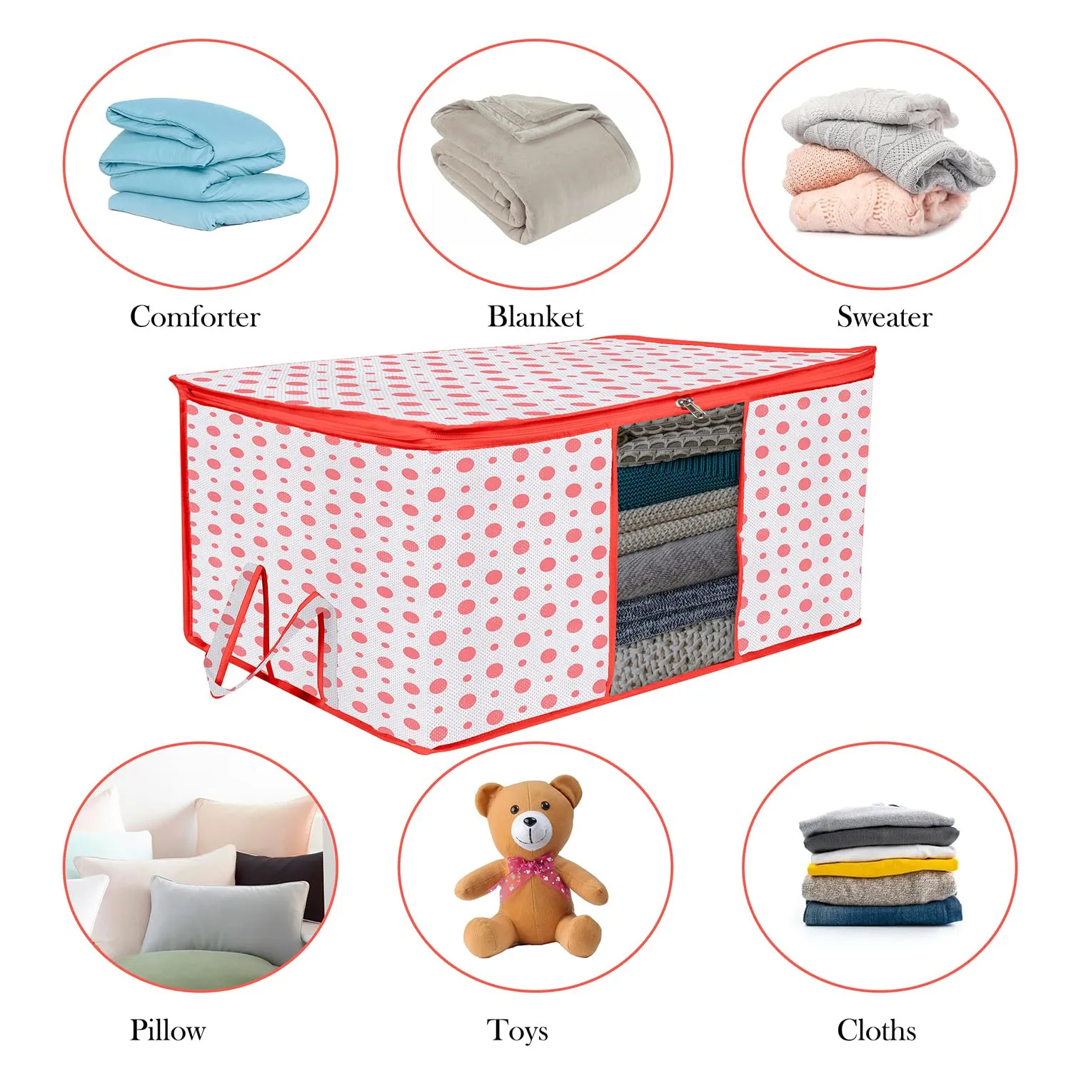 Kuber Industries Underbed Storage Bag | Clothes Storage Organizer | Blanket Cover with Clear Window | Zipper Closure & Handle Cloth Organizer | Dot-Design | Large | Pack of 2 | Red