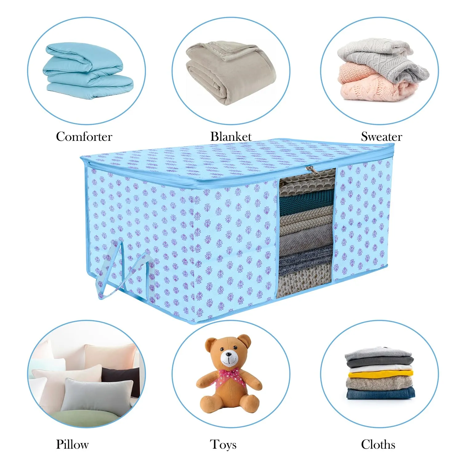 Kuber Industries Underbed Storage Bag | Clothes Storage Organizer | Blanket Cover with Clear Window | Zipper Closure & Handle Cloth Organizer | Flower-Design | Large | Pack of 2 | Sky Blue