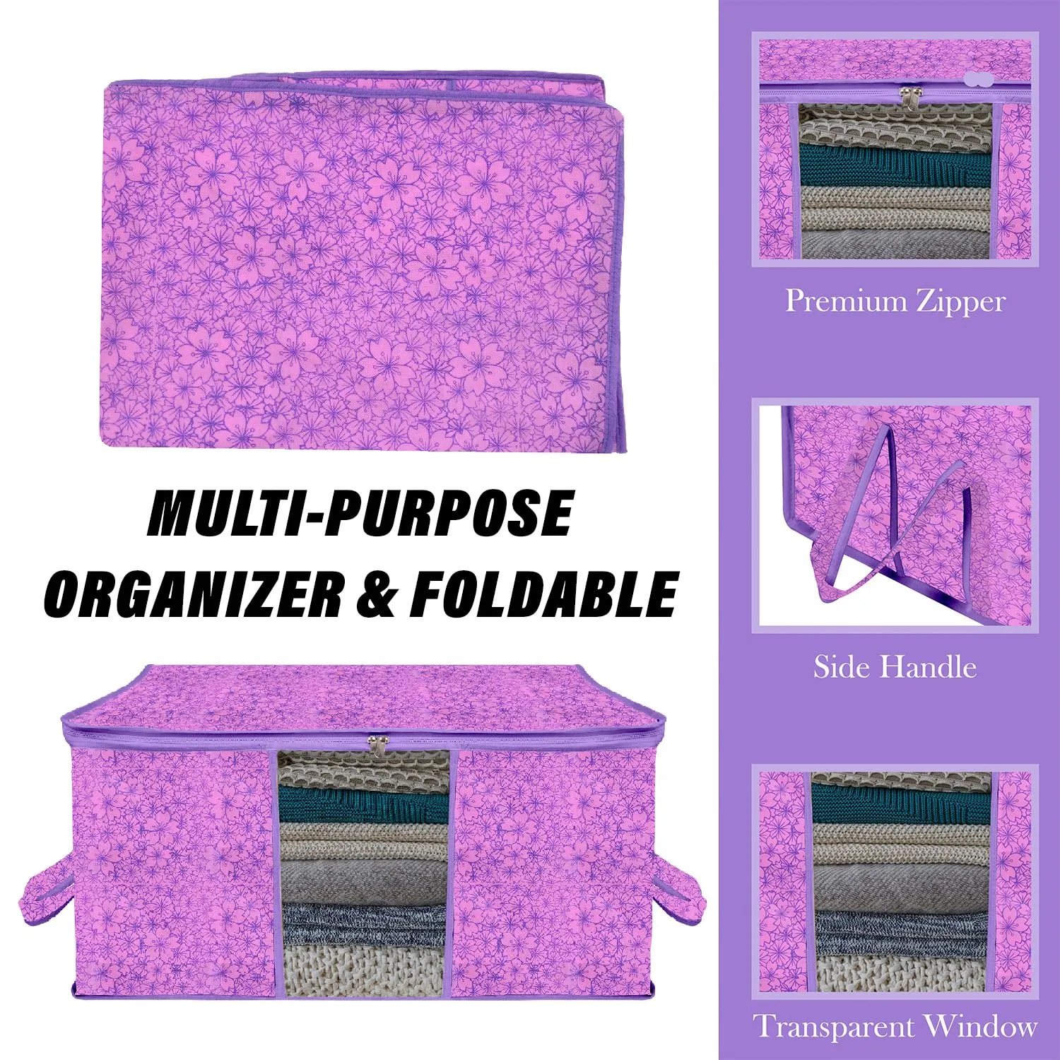 Kuber Industries Underbed Storage Bag | Clothes Storage Organizer | Blanket Cover with Clear Window | Zipper Closure & Handle Cloth Organizer | Flower-Design | Large | Pack of 3 | Purple