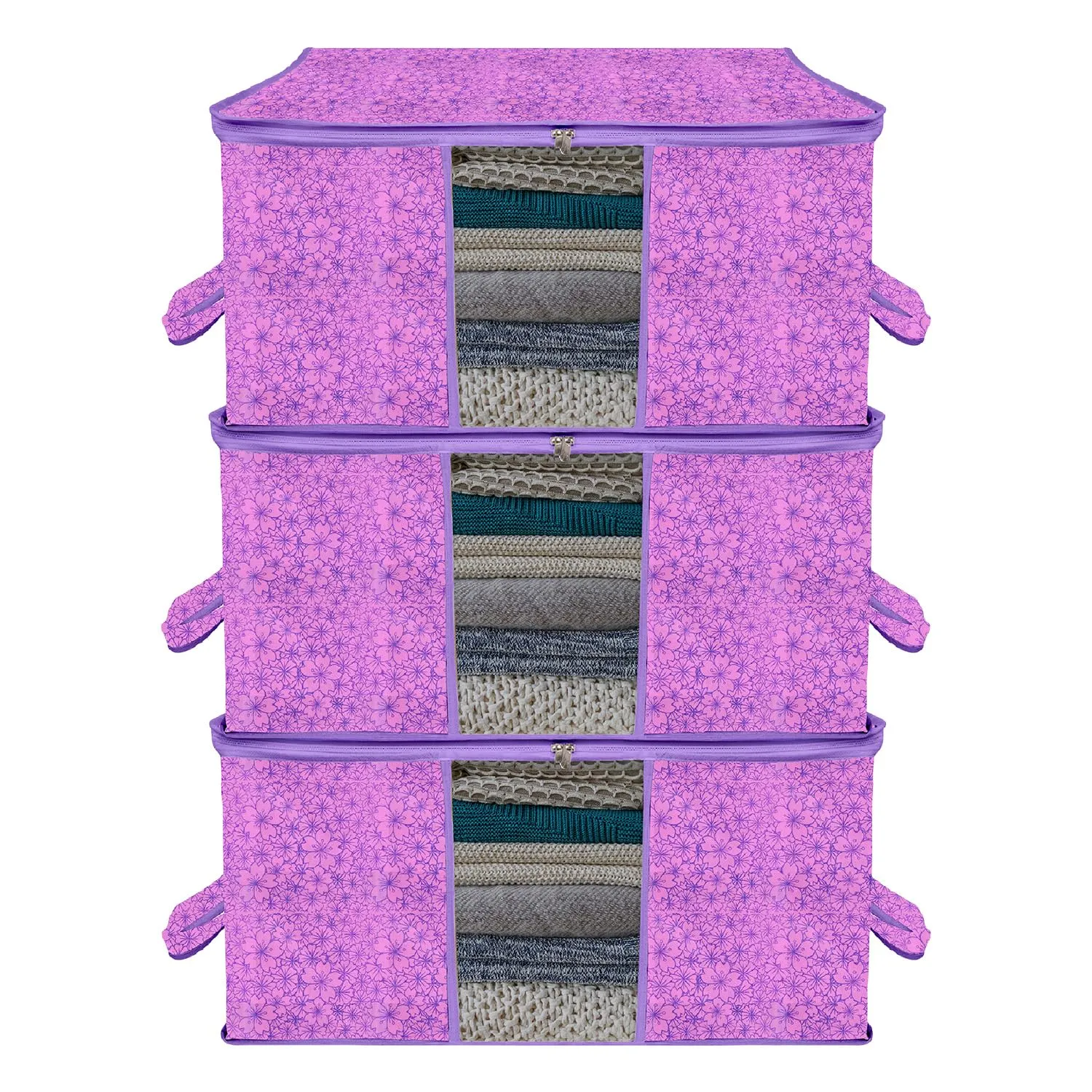 Kuber Industries Underbed Storage Bag | Clothes Storage Organizer | Blanket Cover with Clear Window | Zipper Closure & Handle Cloth Organizer | Flower-Design | Large | Pack of 3 | Purple