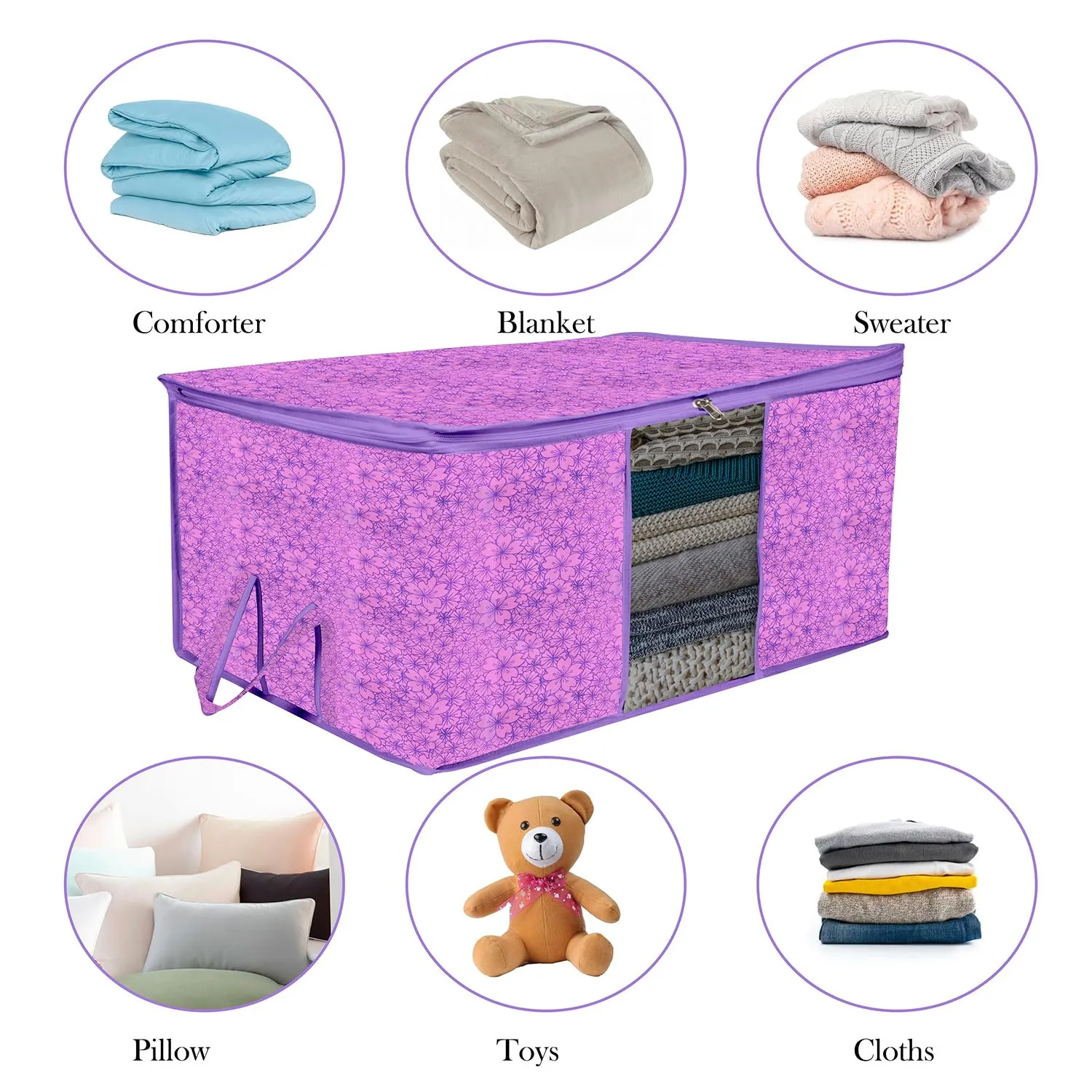 Kuber Industries Underbed Storage Bag | Clothes Storage Organizer | Blanket Cover with Clear Window | Zipper Closure & Handle Cloth Organizer | Flower-Design | Large | Pack of 3 | Purple