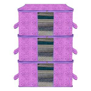 Kuber Industries Underbed Storage Bag | Clothes Storage Organizer | Blanket Cover with Clear Window | Zipper Closure & Handle Cloth Organizer | Flower-Design | Large | Pack of 3 | Purple