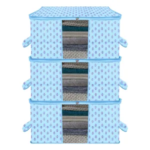 Kuber Industries Underbed Storage Bag | Clothes Storage Organizer | Blanket Cover with Clear Window | Zipper Closure & Handle Cloth Organizer | Flower-Design | Large | Pack of 3 | Sky Blue