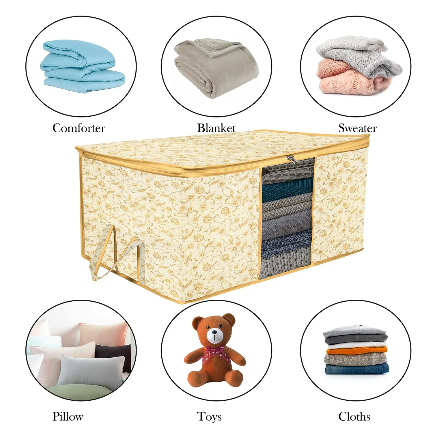 Kuber Industries Underbed Storage Bag | Clothes Storage Organizer | Blanket Cover with Clear Window | Zipper Closure & Handle Cloth Organizer | Leaf-Design | Large | Pack of 6 | Cream