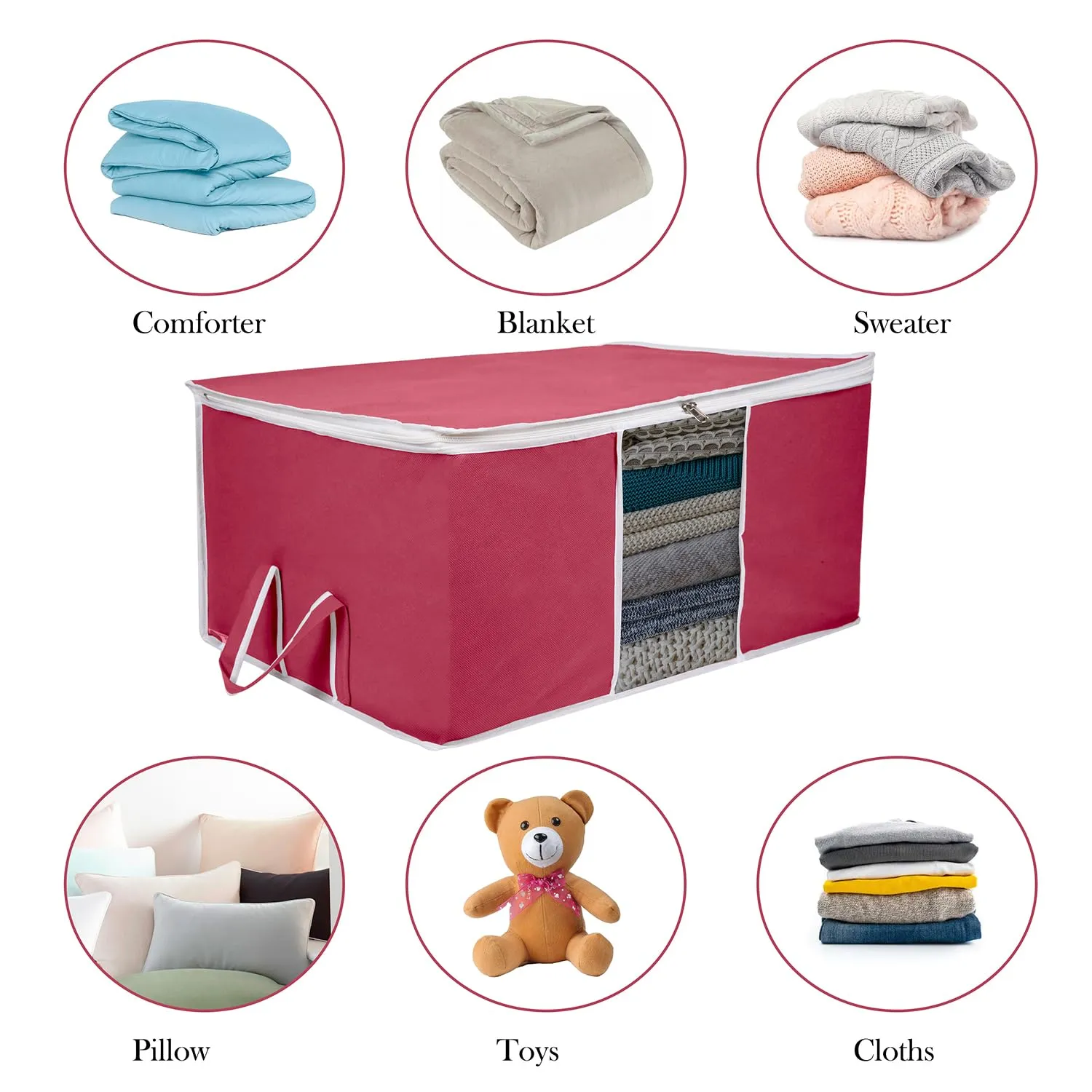 Kuber Industries Underbed Storage Bag | Clothes Storage Organizer | Blanket Cover with Clear Window | Zipper Closure & Handle Cloth Organizer | Plain White Border | Large | Pack of 2 | Maroon