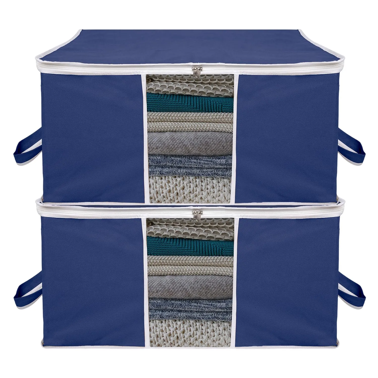 Kuber Industries Underbed Storage Bag | Clothes Storage Organizer | Blanket Cover with Clear Window | Zipper Closure & Handle Cloth Organizer | Plain White Border | Large | Pack of 2 | Navy Blue