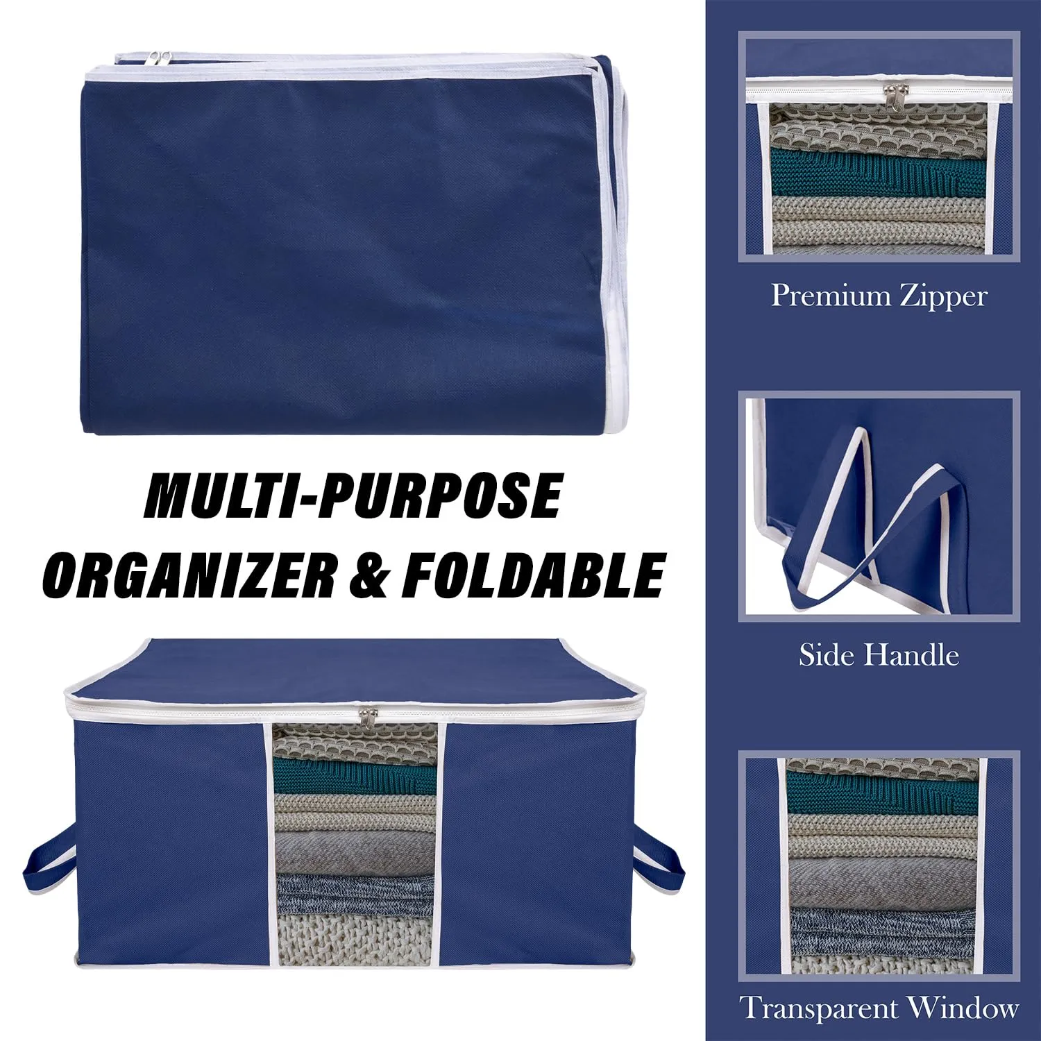 Kuber Industries Underbed Storage Bag | Clothes Storage Organizer | Blanket Cover with Clear Window | Zipper Closure & Handle Cloth Organizer | Plain White Border | Large | Pack of 2 | Navy Blue