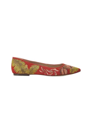 Ladies Red Suede Ballerinas with Floral Embroidery