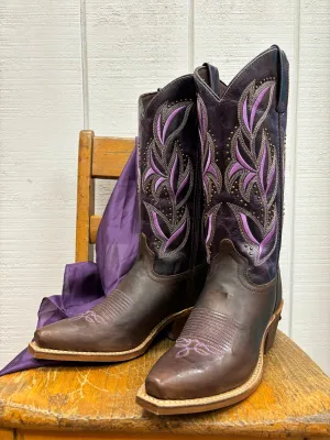 Laredo Women's Dark Brown and Lavender Embroidered Snip Toe Cowgirl Boots 52214