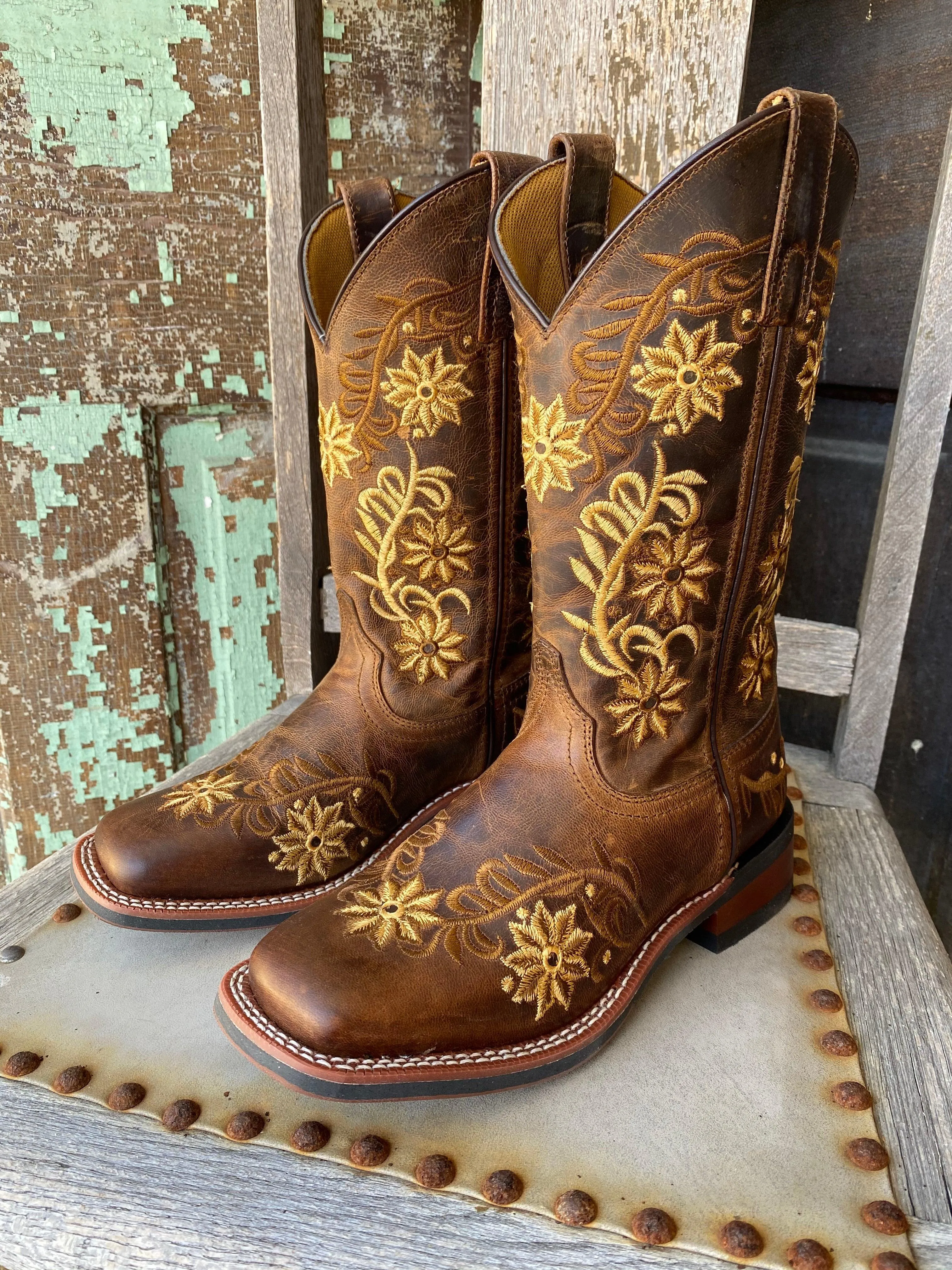 Laredo Women's Secret Garden Brown Embroidered Flower Cowgirl Boots 5822