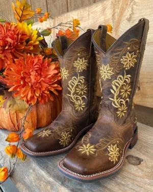 Laredo Women's Secret Garden Brown Embroidered Flower Cowgirl Boots 5822