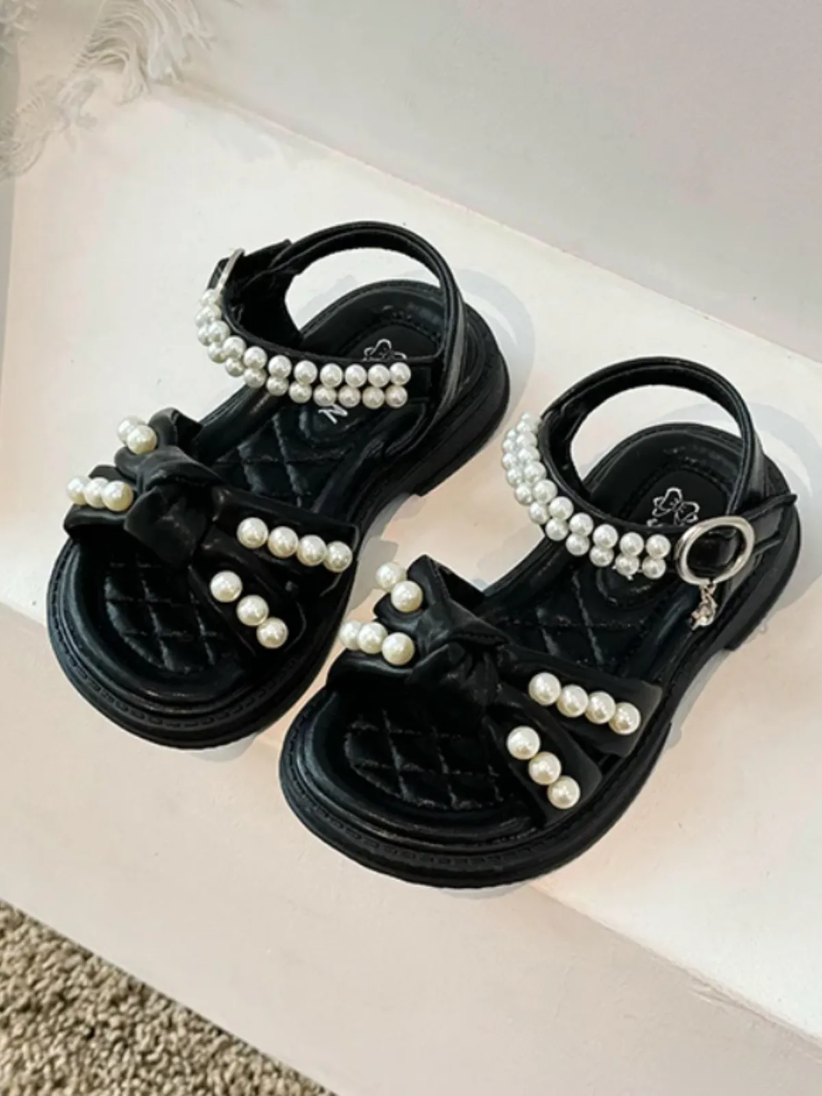 Luxe Pearl-Embellished Bow Sandals in Classic Black and Elegant Ivory By Liv And Mia