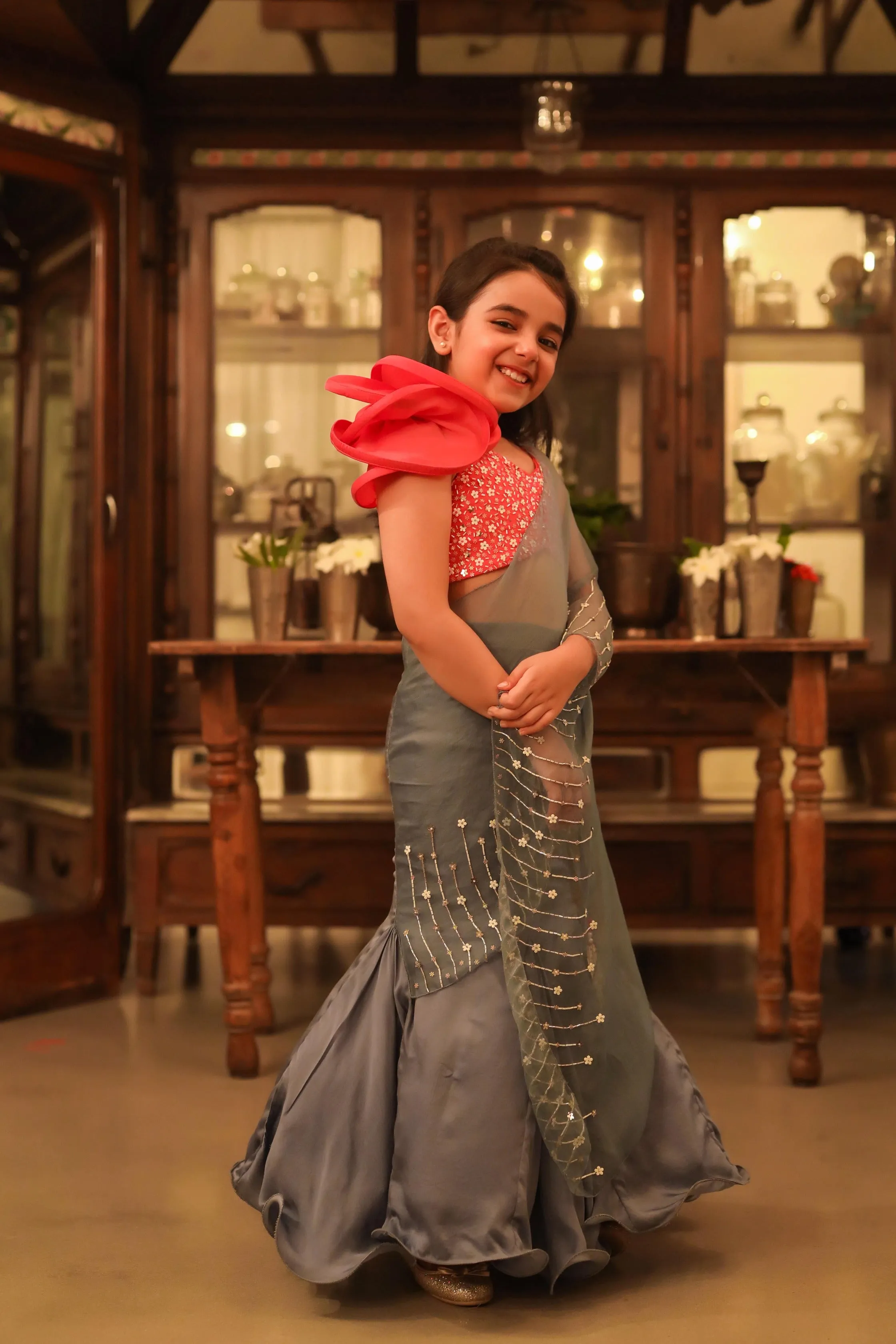 Masarrat- Embroidered Blouse & Silk Organza Draped Saree with Skirt For Girls