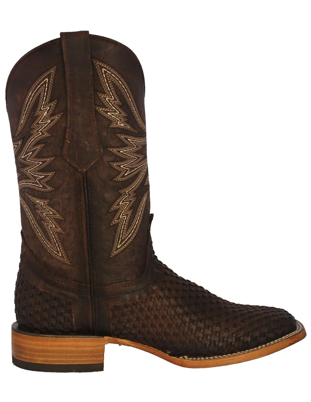 Mens Brown Western Cowboy Boots Woven Leather - Square Toe