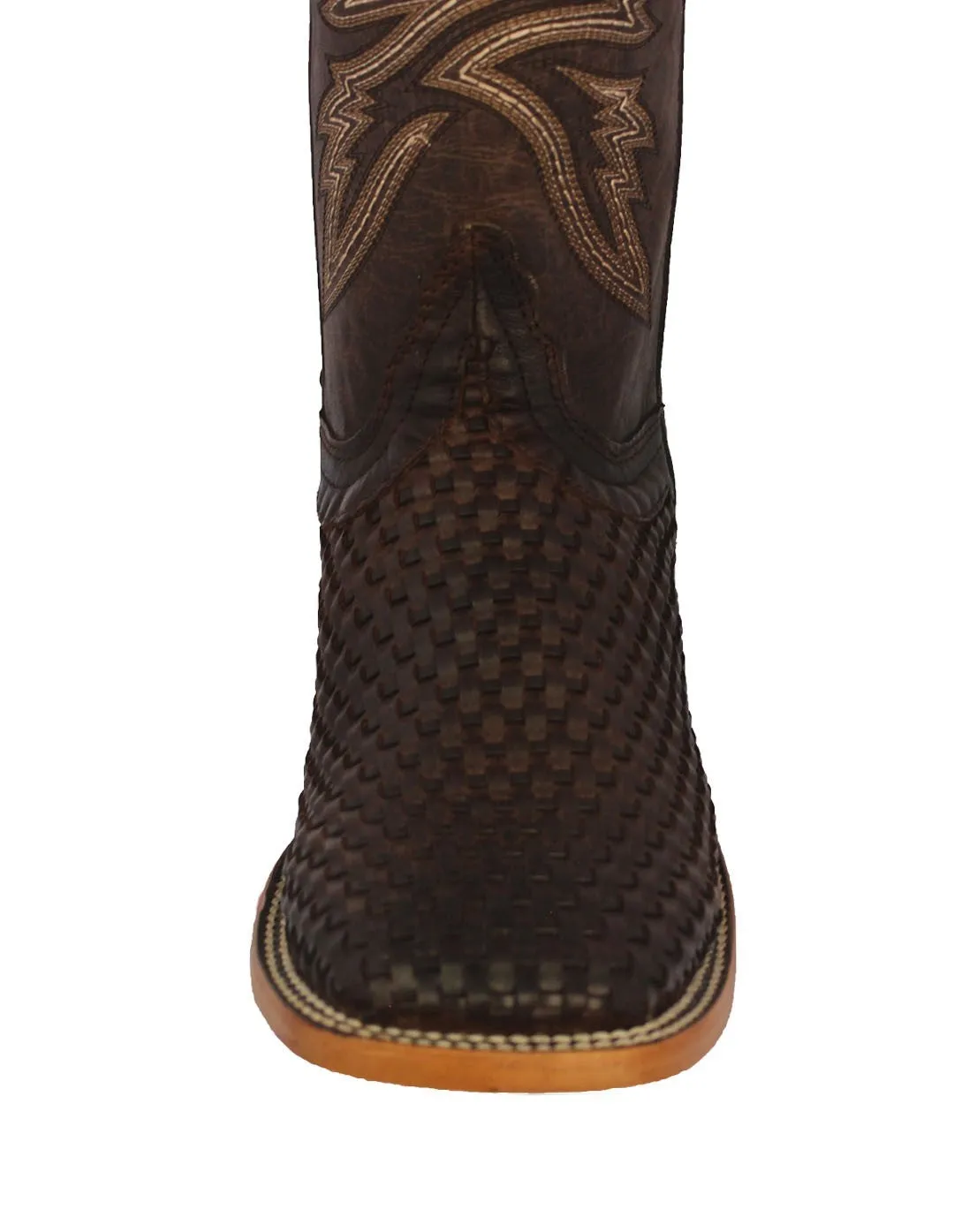 Mens Brown Western Cowboy Boots Woven Leather - Square Toe