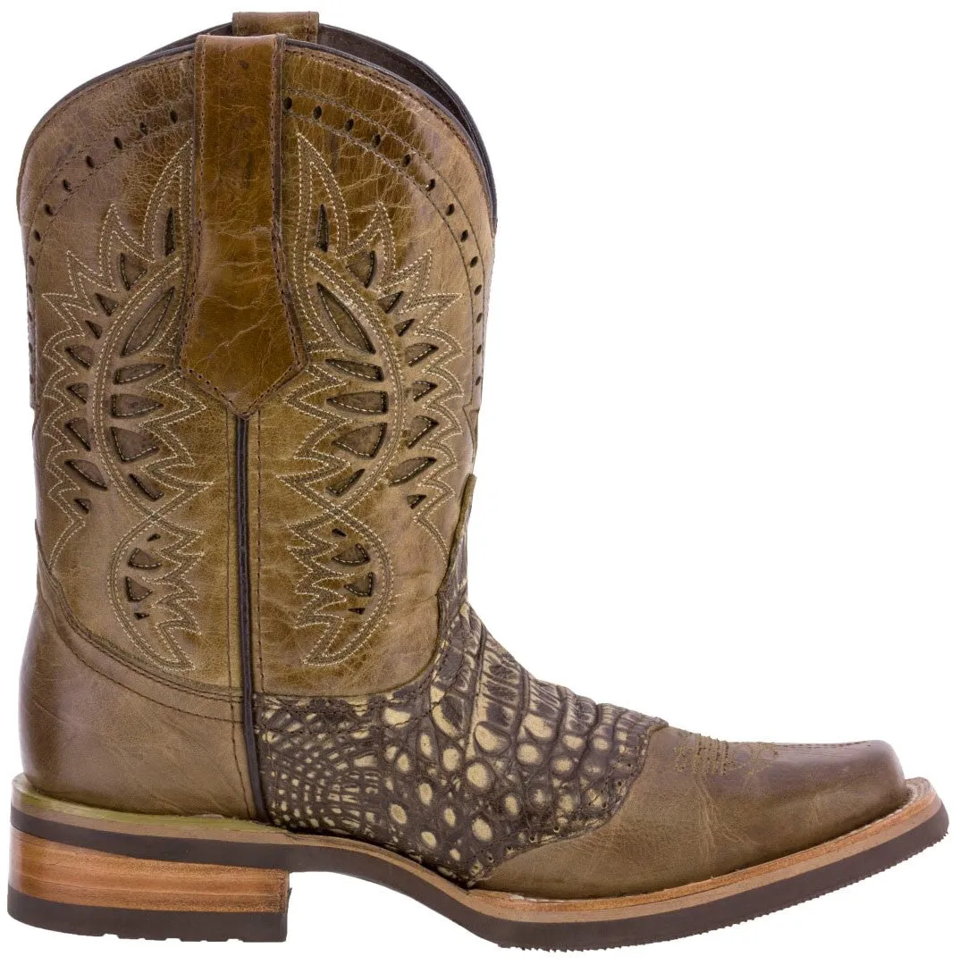 Mens Sand Western Leather Cowboy Boots Alligator Print - Square Toe