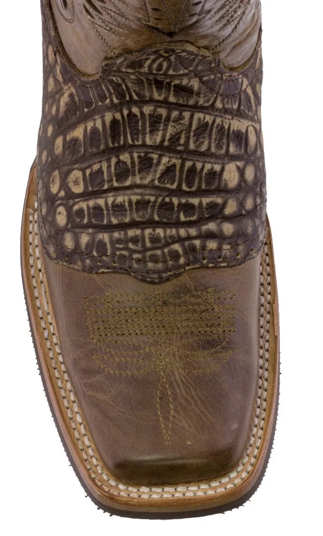 Mens Sand Western Leather Cowboy Boots Alligator Print - Square Toe