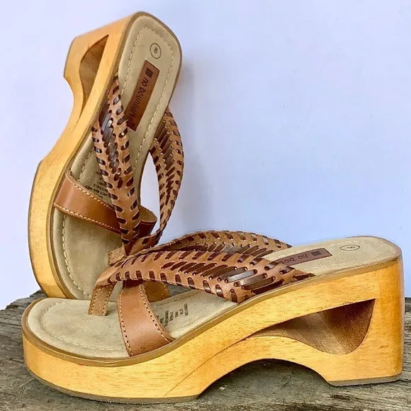 NO BOUNDARIES Vintage Y2K Wooden Platform Chunky Genuine Brown Leather Sandals