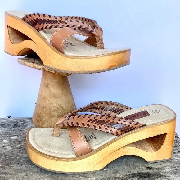 NO BOUNDARIES Vintage Y2K Wooden Platform Chunky Genuine Brown Leather Sandals