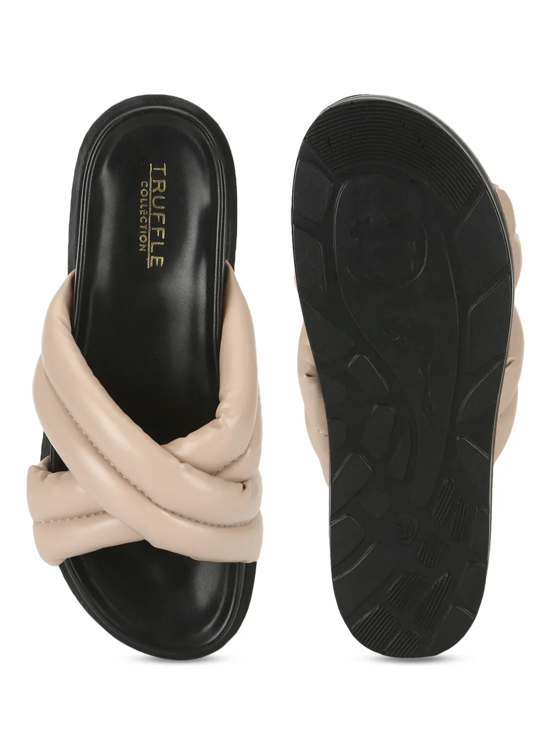 Nude PU Crisscross Quilted Slides