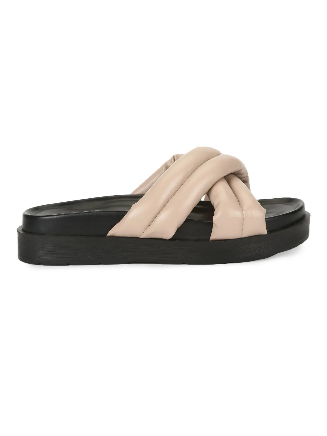 Nude PU Crisscross Quilted Slides