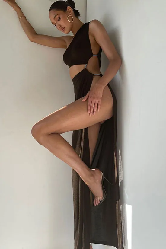 One Shoulder Cutout High Slit Sheer Maxi Dress - Brown