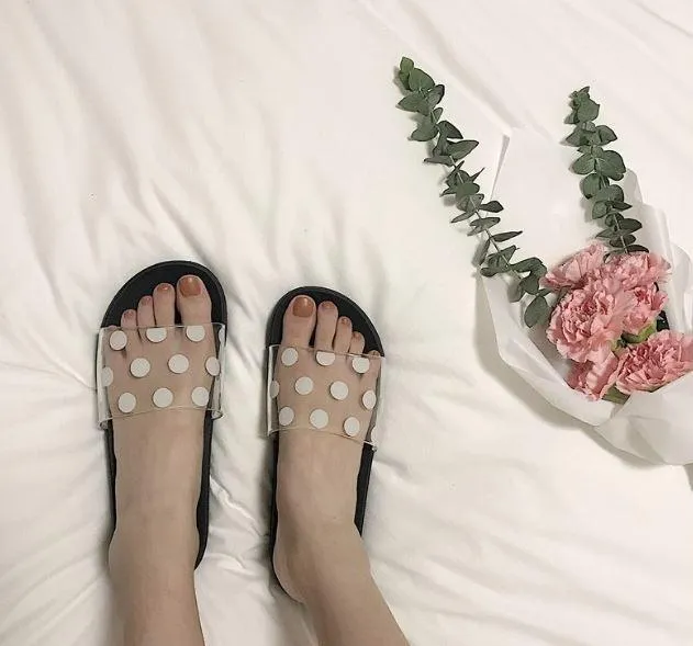 Polka Dot Print Transparent Summer Flat Rubber Sandals