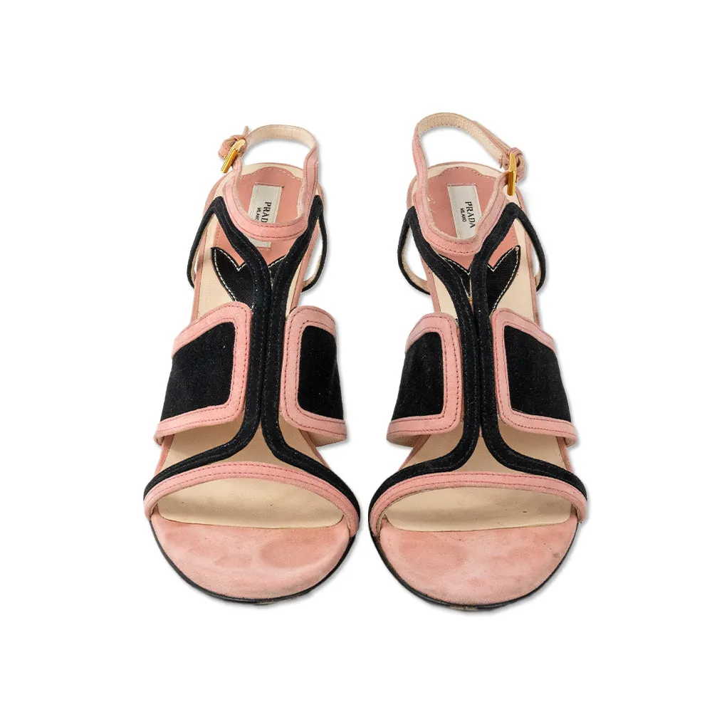 Prada Pink and Black Suede Cut Out Heeled Sandals