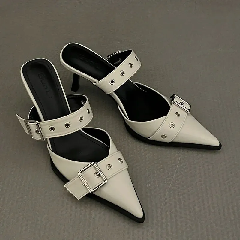 Punk Goth Metal Buckle High Heels Sandals Women 2023 Summer Pointed Toe Silver Party Shoes Woman Korean Style Thin Heels Sandals