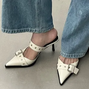 Punk Goth Metal Buckle High Heels Sandals Women 2023 Summer Pointed Toe Silver Party Shoes Woman Korean Style Thin Heels Sandals