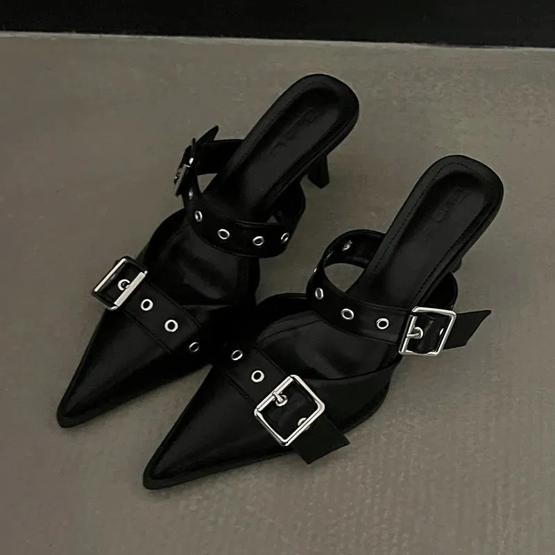 Punk Goth Metal Buckle High Heels Sandals Women 2023 Summer Pointed Toe Silver Party Shoes Woman Korean Style Thin Heels Sandals