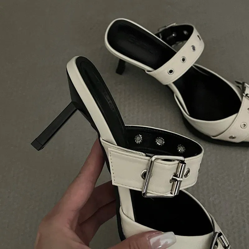 Punk Goth Metal Buckle High Heels Sandals Women 2023 Summer Pointed Toe Silver Party Shoes Woman Korean Style Thin Heels Sandals