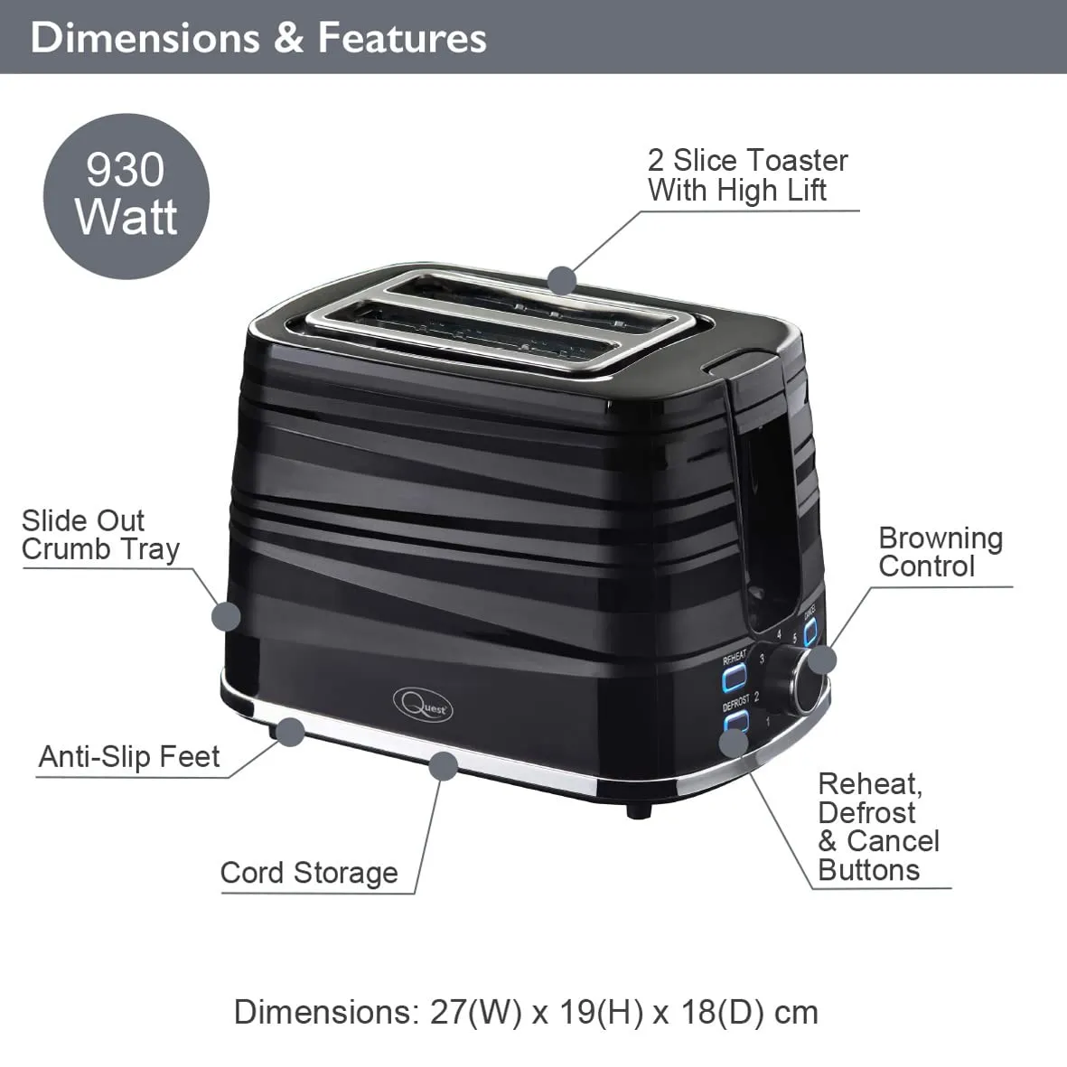 Quest Harmony 2 Slice Toasters / 7 Browning Levels/Sleek Modern Design/Defrost & Reheat Settings/Electronic Timer Control/Removable Crumb Tray / 930W Power (Black)