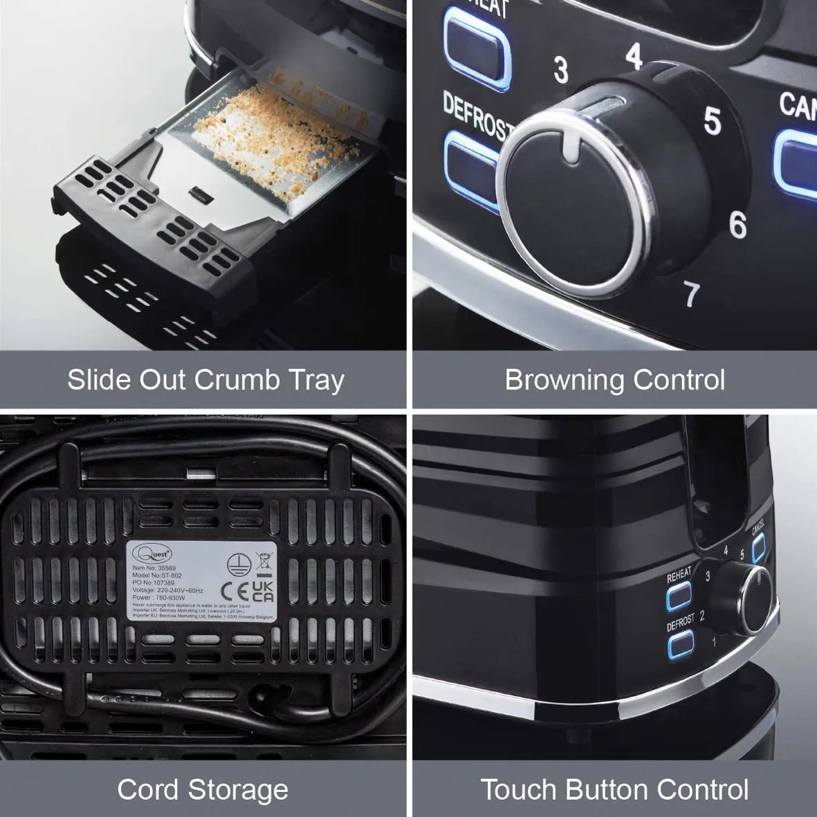 Quest Harmony 2 Slice Toasters / 7 Browning Levels/Sleek Modern Design/Defrost & Reheat Settings/Electronic Timer Control/Removable Crumb Tray / 930W Power (Black)